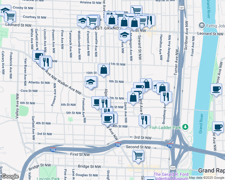 map of restaurants, bars, coffee shops, grocery stores, and more near 827 Mc Reynolds Avenue Northwest in Grand Rapids