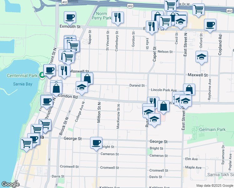 map of restaurants, bars, coffee shops, grocery stores, and more near 329 Mackenzie Street North in Sarnia