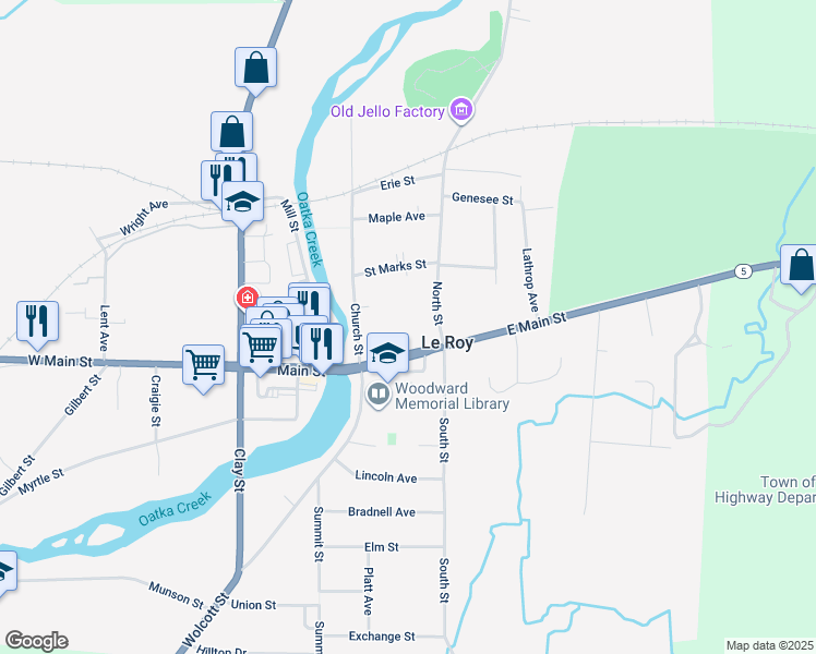 map of restaurants, bars, coffee shops, grocery stores, and more near North Street Road in Le Roy