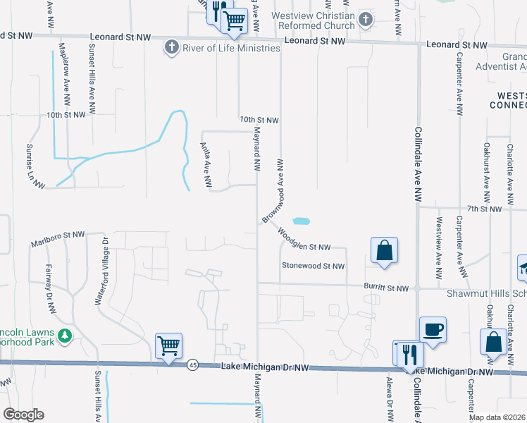 map of restaurants, bars, coffee shops, grocery stores, and more near 807 Brownwood Avenue Northwest in Grand Rapids