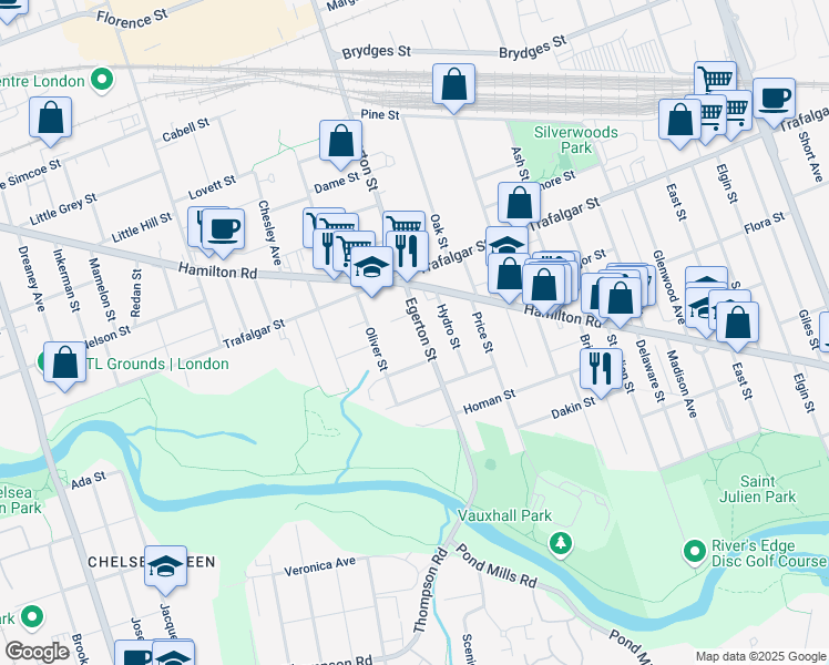 map of restaurants, bars, coffee shops, grocery stores, and more near 165 Egerton Street in London