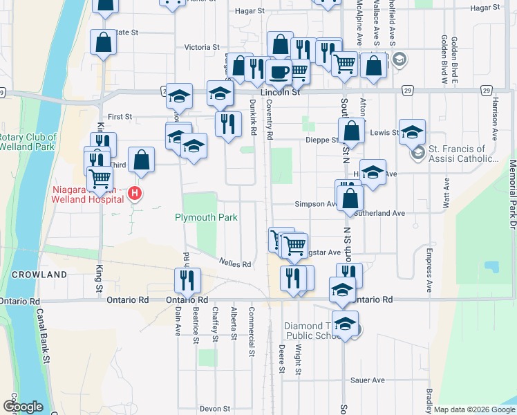 map of restaurants, bars, coffee shops, grocery stores, and more near in Welland