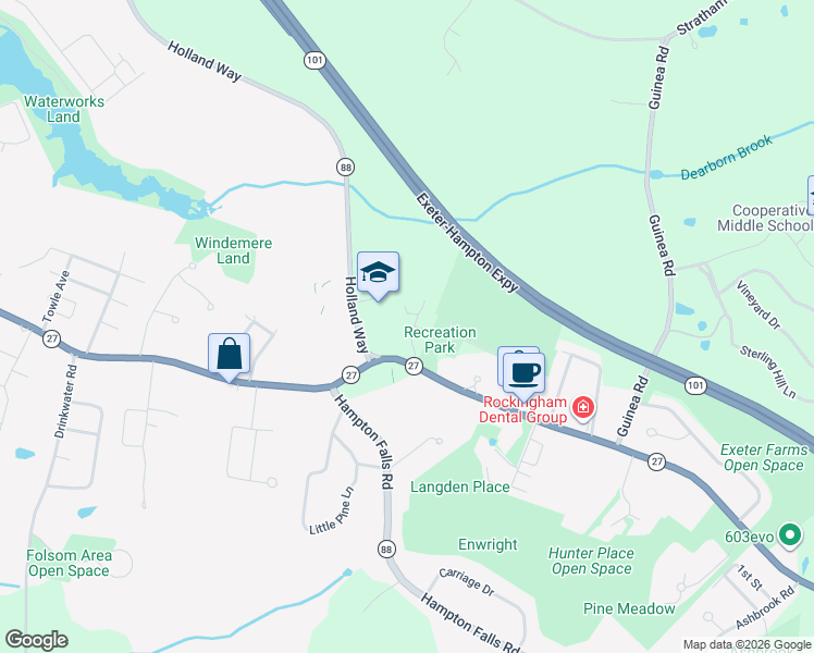 map of restaurants, bars, coffee shops, grocery stores, and more near 44 Acadia Lane in Exeter