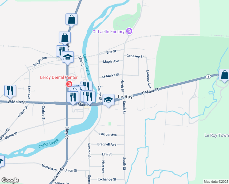 map of restaurants, bars, coffee shops, grocery stores, and more near 23 East Main Street in Le Roy