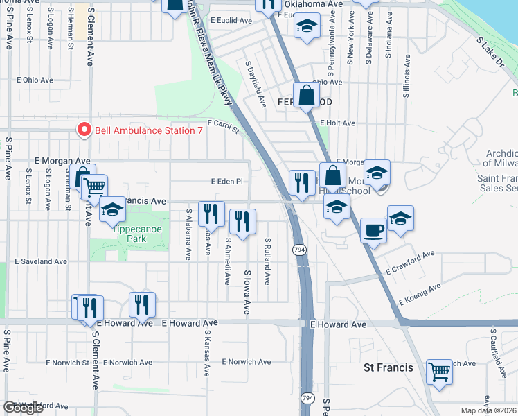 map of restaurants, bars, coffee shops, grocery stores, and more near 2040 East Street Francis Avenue in Saint Francis
