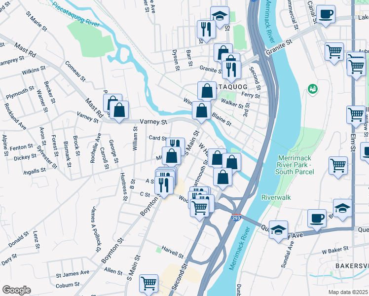 map of restaurants, bars, coffee shops, grocery stores, and more near 205 South Main Street in Manchester