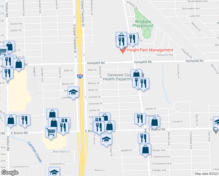 map of restaurants, bars, coffee shops, grocery stores, and more near 1403 Wells Street in Burton