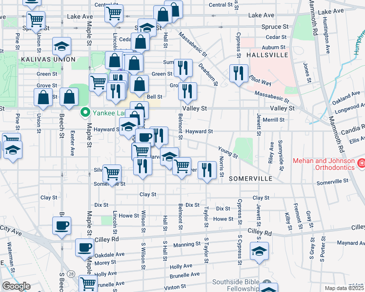 map of restaurants, bars, coffee shops, grocery stores, and more near 213 Belmont Street in Manchester