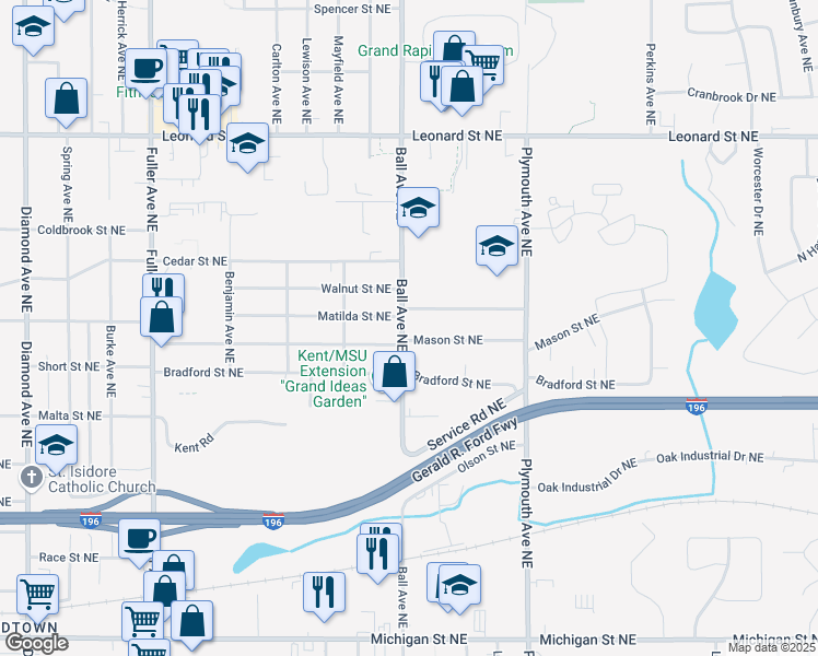 map of restaurants, bars, coffee shops, grocery stores, and more near 864 Ball Avenue Northeast in Grand Rapids