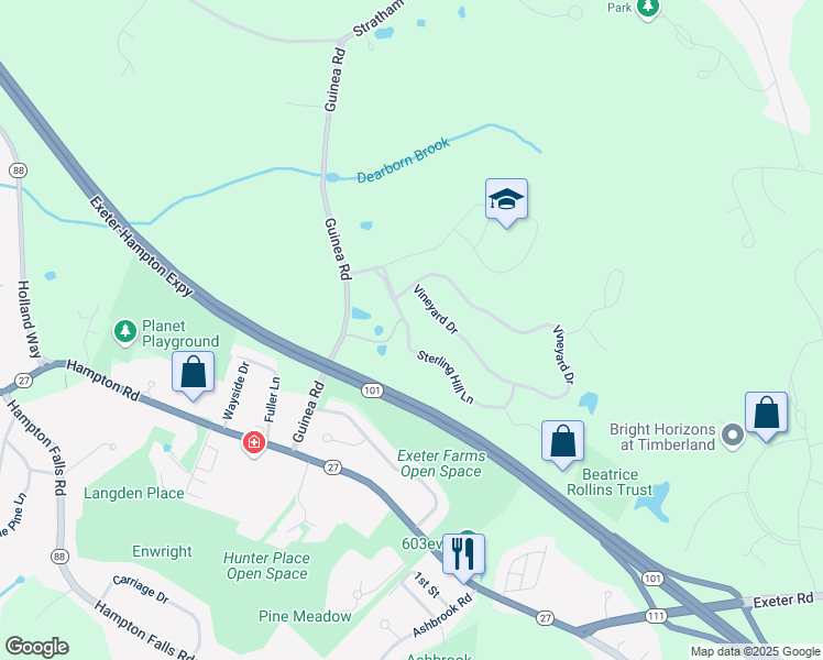 map of restaurants, bars, coffee shops, grocery stores, and more near 45 Vineyard Drive in Stratham