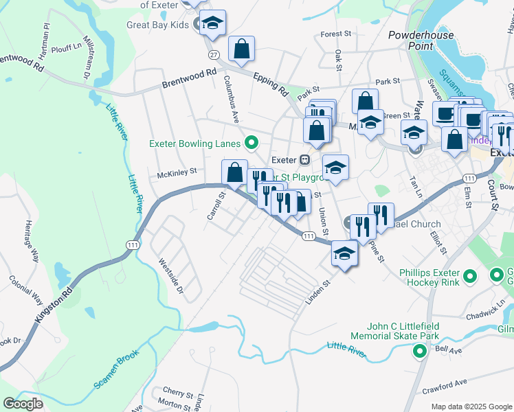 map of restaurants, bars, coffee shops, grocery stores, and more near 167 Front Street in Exeter