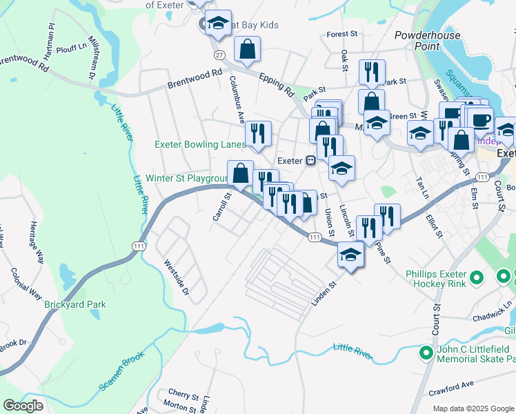 map of restaurants, bars, coffee shops, grocery stores, and more near 167 Front Street in Exeter