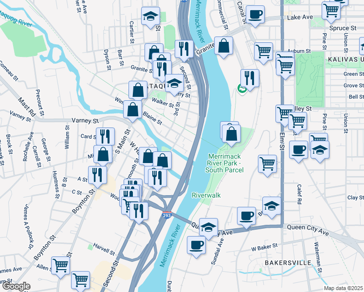 map of restaurants, bars, coffee shops, grocery stores, and more near 66 Blaine Street in Manchester