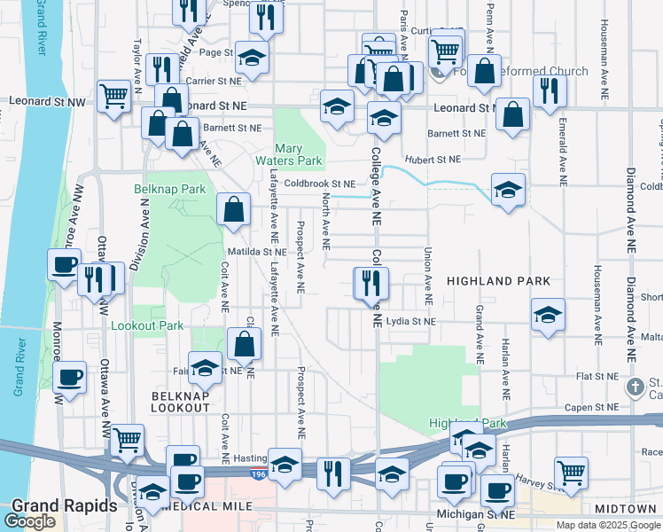 map of restaurants, bars, coffee shops, grocery stores, and more near 409 Shirley Street Northeast in Grand Rapids