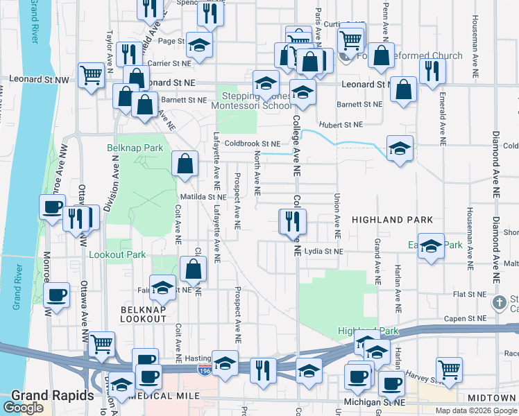 map of restaurants, bars, coffee shops, grocery stores, and more near 409 Shirley Street Northeast in Grand Rapids