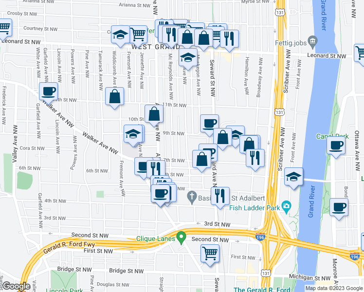 map of restaurants, bars, coffee shops, grocery stores, and more near 710 9th Street Northwest in Grand Rapids