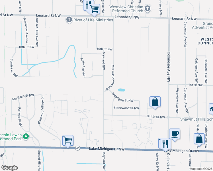 map of restaurants, bars, coffee shops, grocery stores, and more near 807 Brownwood Avenue Northwest in Grand Rapids
