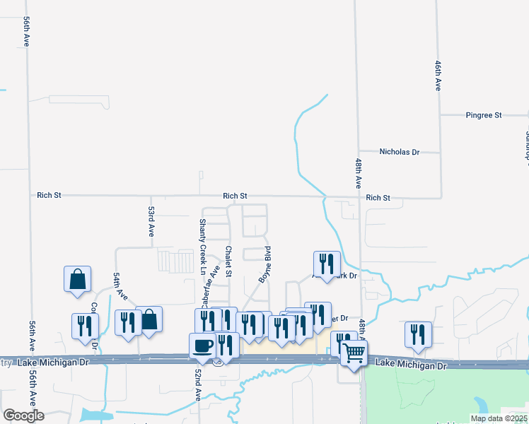 map of restaurants, bars, coffee shops, grocery stores, and more near 5115 Snow Mass Lane in Allendale Charter Township