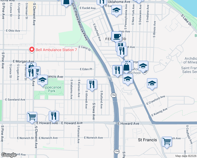 map of restaurants, bars, coffee shops, grocery stores, and more near 2040 East Street Francis Avenue in Saint Francis