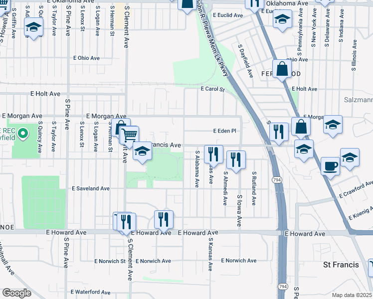 map of restaurants, bars, coffee shops, grocery stores, and more near 1536 East Warnimont Avenue in Milwaukee