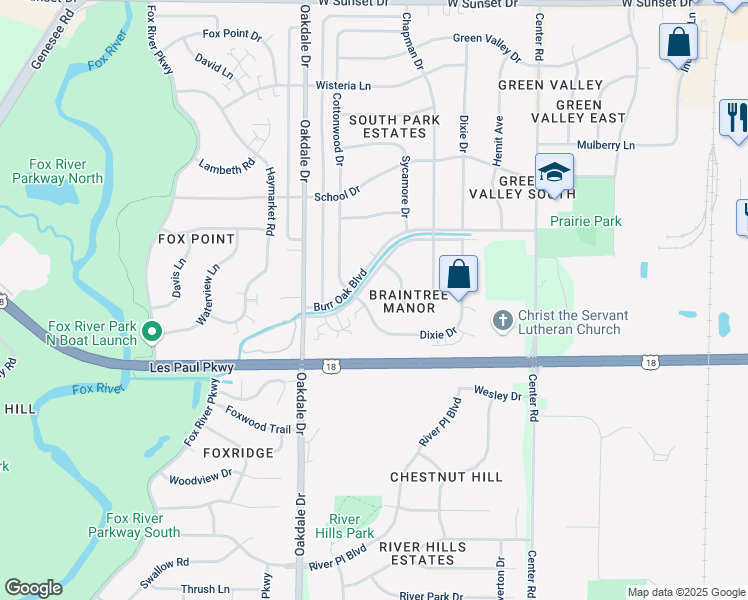 map of restaurants, bars, coffee shops, grocery stores, and more near 1129 Burr Oak Boulevard in Waukesha