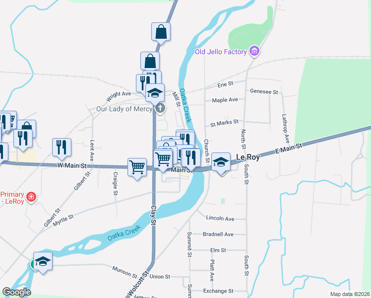 map of restaurants, bars, coffee shops, grocery stores, and more near 23 Mill Street in Le Roy