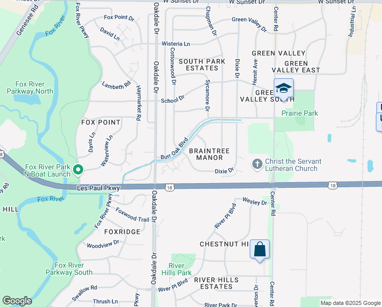 map of restaurants, bars, coffee shops, grocery stores, and more near 1129 Burr Oak Boulevard in Waukesha