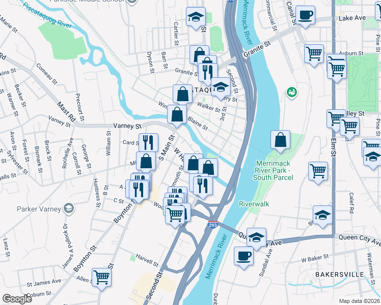 map of restaurants, bars, coffee shops, grocery stores, and more near 45 Log Street in Manchester