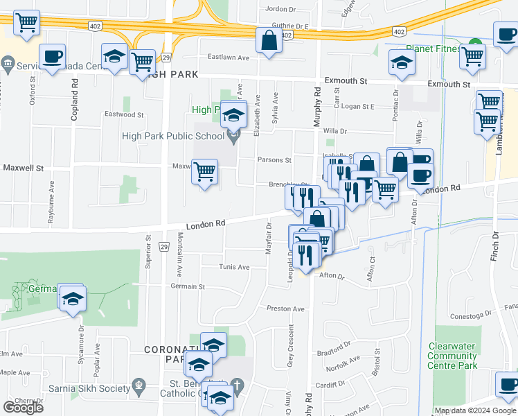 map of restaurants, bars, coffee shops, grocery stores, and more near 1048 London Road in Sarnia