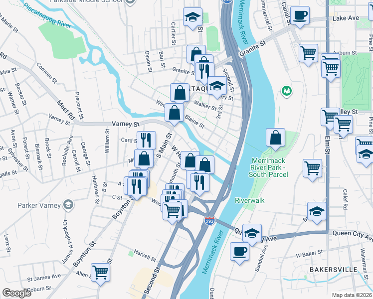map of restaurants, bars, coffee shops, grocery stores, and more near 75 Log Street in Manchester