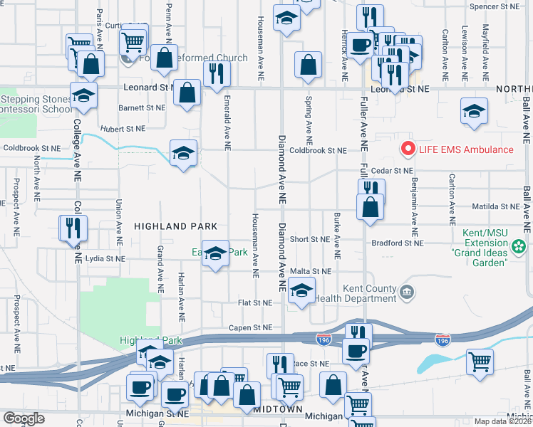 map of restaurants, bars, coffee shops, grocery stores, and more near 919 Maybelle Street Northeast in Grand Rapids