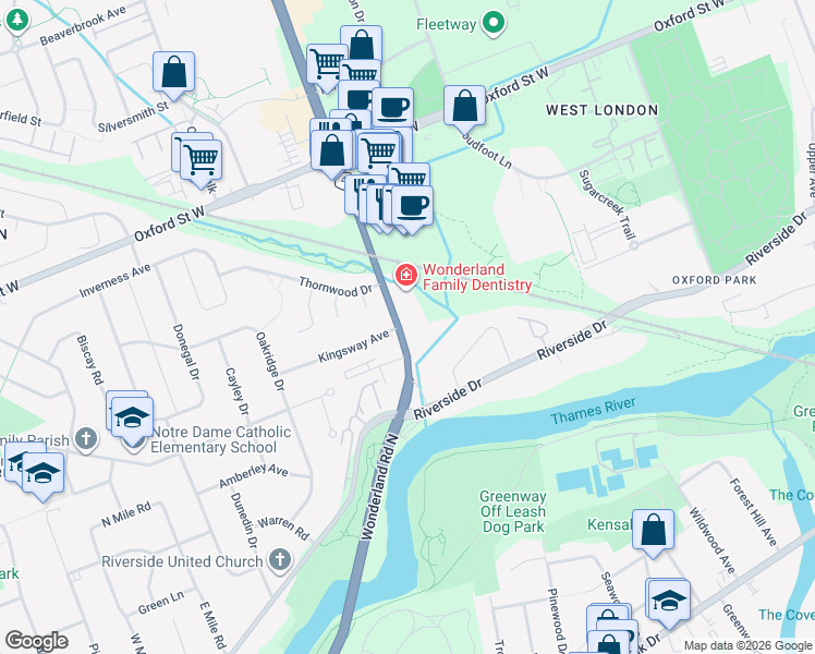 map of restaurants, bars, coffee shops, grocery stores, and more near 589 Wonderland Road North in London