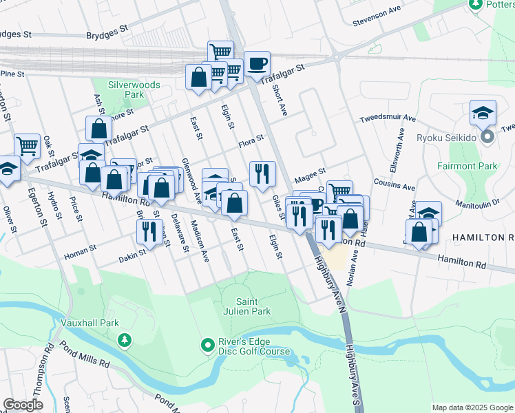 map of restaurants, bars, coffee shops, grocery stores, and more near 147 Elgin Street in London