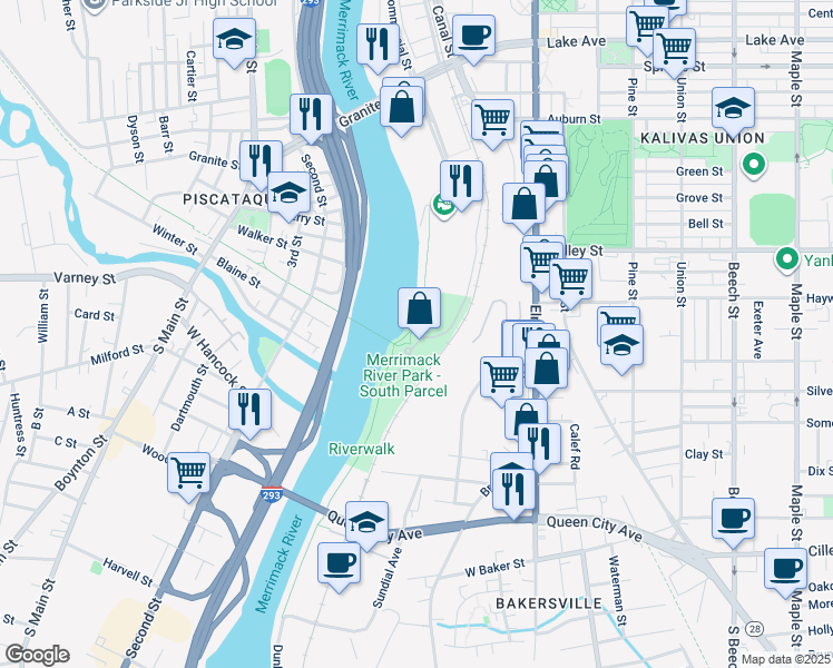 map of restaurants, bars, coffee shops, grocery stores, and more near 79 Riverwalk Way in Manchester