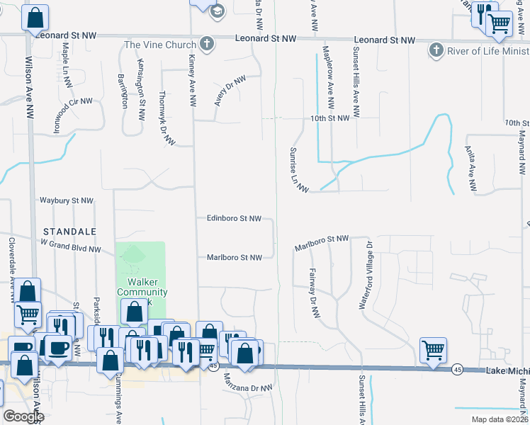 map of restaurants, bars, coffee shops, grocery stores, and more near 3831 Edinboro Street Northwest in Grand Rapids