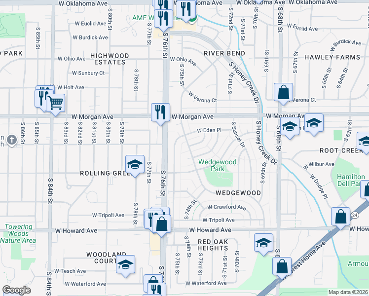 map of restaurants, bars, coffee shops, grocery stores, and more near 3558 South 75th Street in Milwaukee
