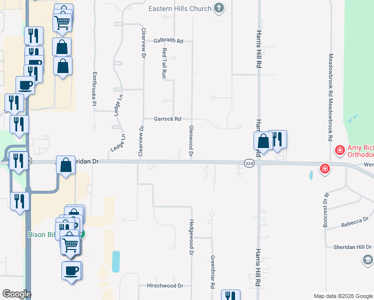 map of restaurants, bars, coffee shops, grocery stores, and more near 4802 Glenwood Drive in Buffalo
