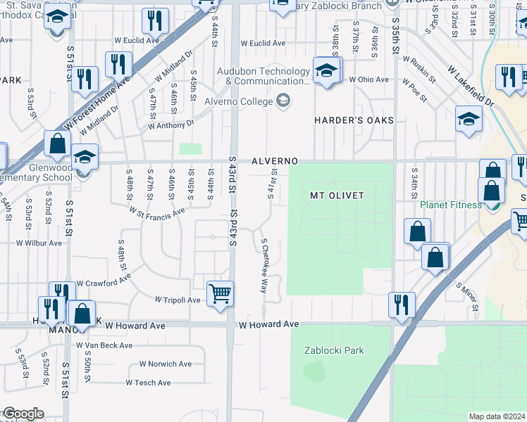 map of restaurants, bars, coffee shops, grocery stores, and more near 3601 South 41st Street in Milwaukee