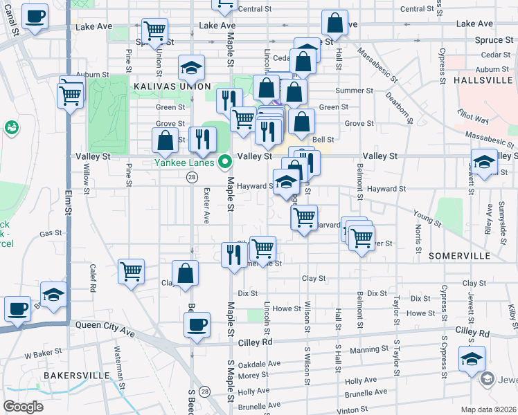 map of restaurants, bars, coffee shops, grocery stores, and more near 210 Lincoln Street in Manchester