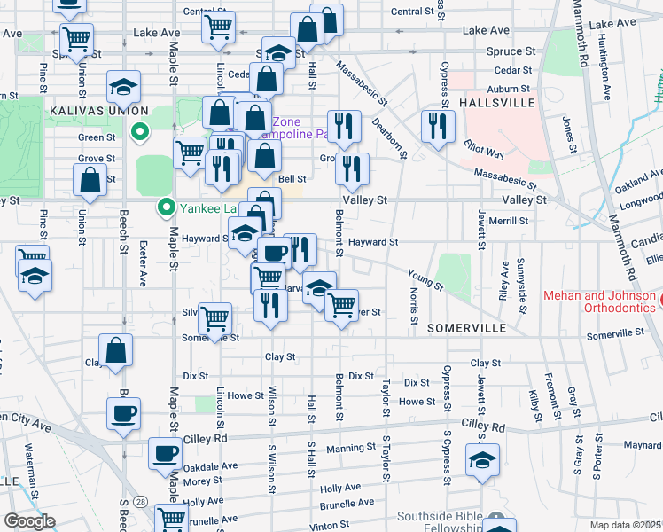 map of restaurants, bars, coffee shops, grocery stores, and more near 231 Belmont Street in Manchester