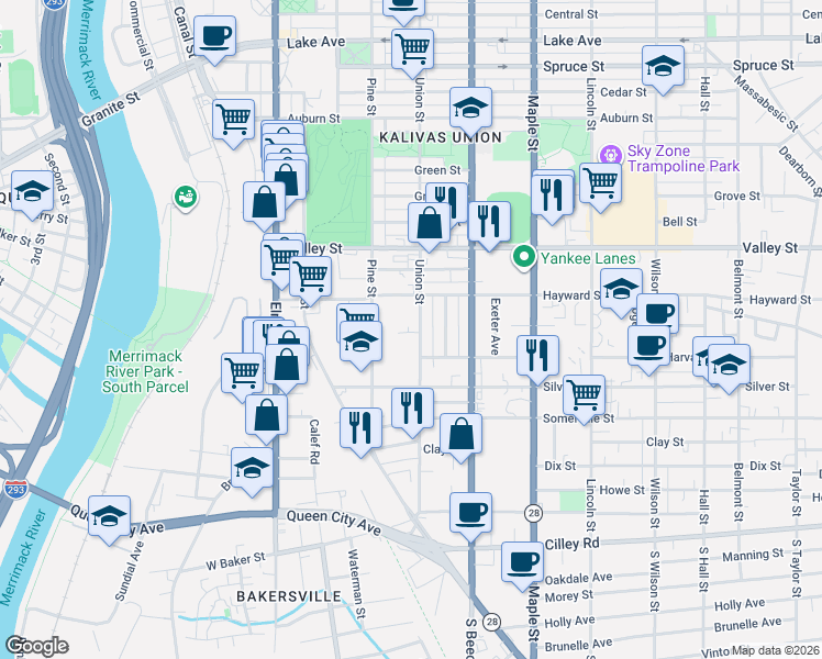 map of restaurants, bars, coffee shops, grocery stores, and more near 183 Hayward Street in Manchester