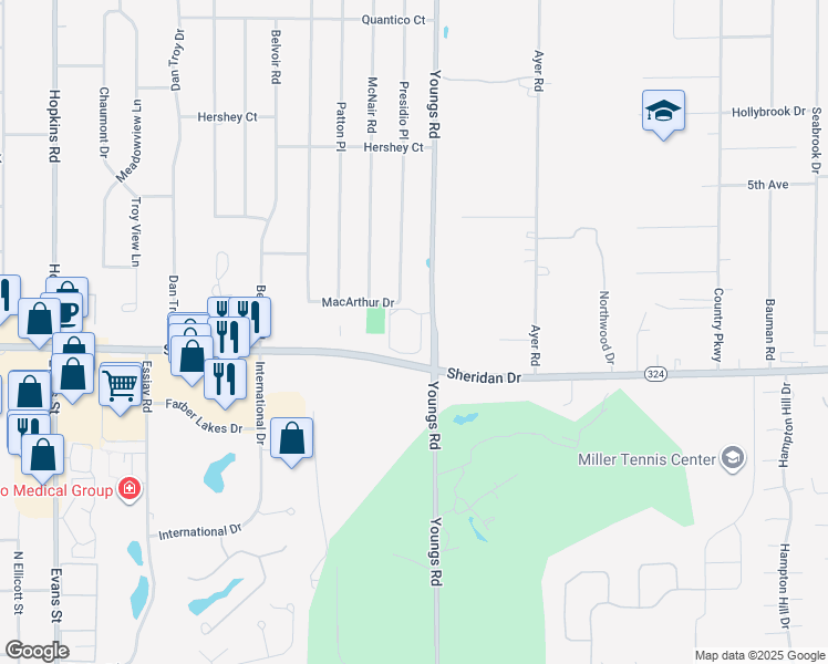 map of restaurants, bars, coffee shops, grocery stores, and more near 670 Youngs Road in Amherst