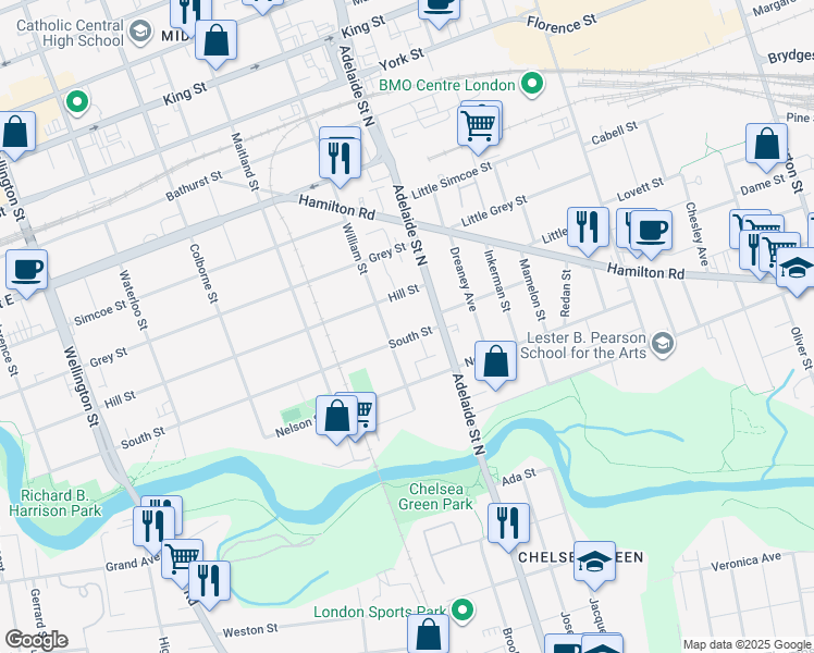 map of restaurants, bars, coffee shops, grocery stores, and more near 109 Adelaide Street North in London