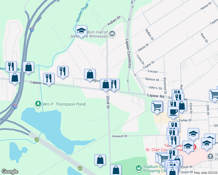 map of restaurants, bars, coffee shops, grocery stores, and more near 3136 Lapeer Road in Port Huron