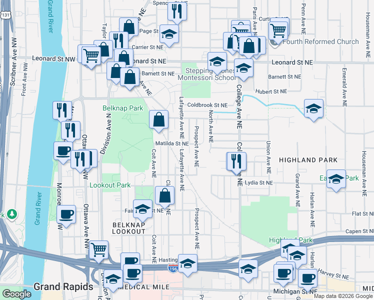 map of restaurants, bars, coffee shops, grocery stores, and more near 900 Lafayette Avenue Northeast in Grand Rapids