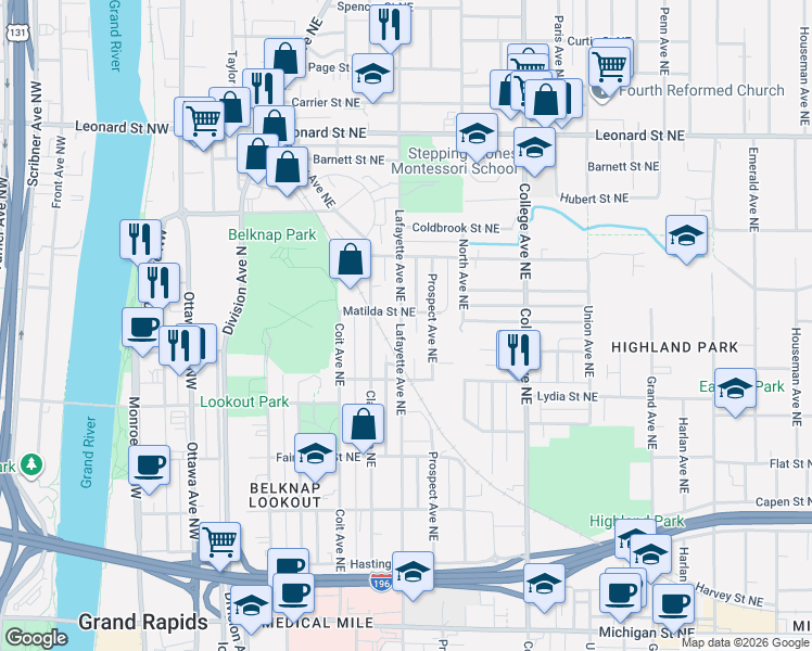 map of restaurants, bars, coffee shops, grocery stores, and more near 900 Lafayette Avenue Northeast in Grand Rapids