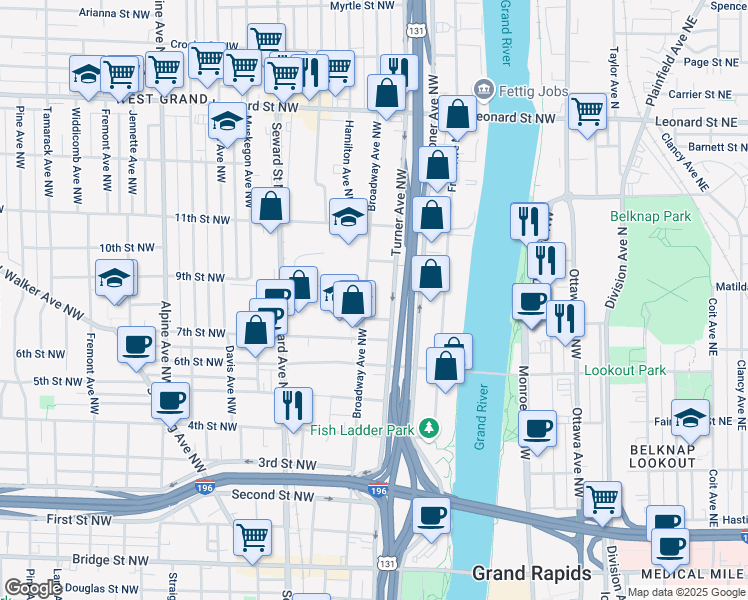 map of restaurants, bars, coffee shops, grocery stores, and more near 855 Turner Avenue Northwest in Grand Rapids