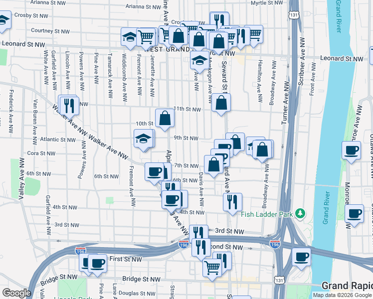 map of restaurants, bars, coffee shops, grocery stores, and more near 710 9th Street Northwest in Grand Rapids