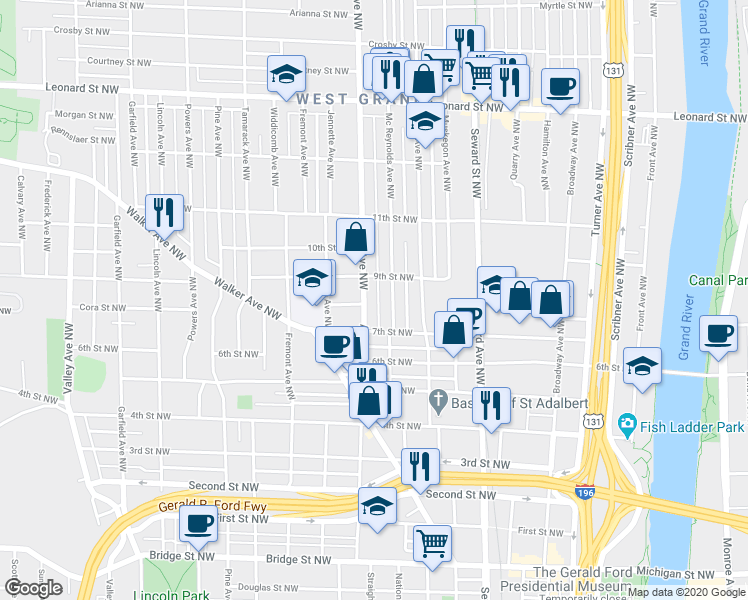 map of restaurants, bars, coffee shops, grocery stores, and more near 730 9th Street Northwest in Grand Rapids