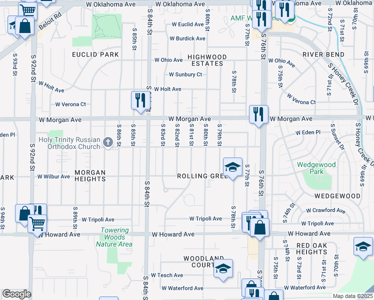 map of restaurants, bars, coffee shops, grocery stores, and more near 3572 South 81st Street in Milwaukee